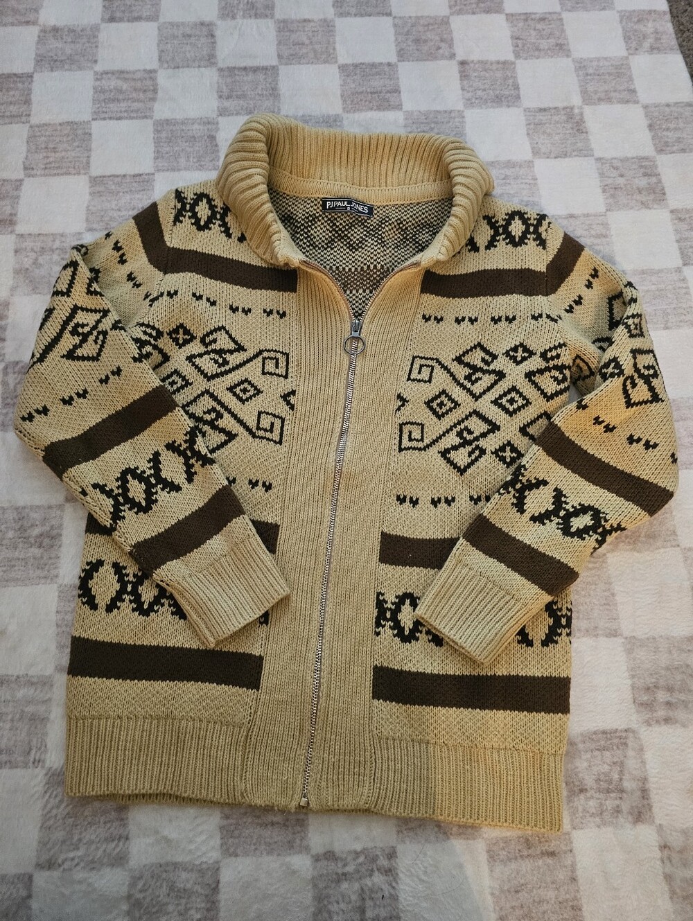 Paul Jones Men's Beige Zip-Up Knit Sweater with Brown Pattern - Size S